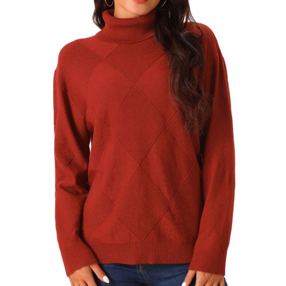 Turtleneck Long Sleeve Knitted Pullover Fall Winter Basic Jumper Top Red